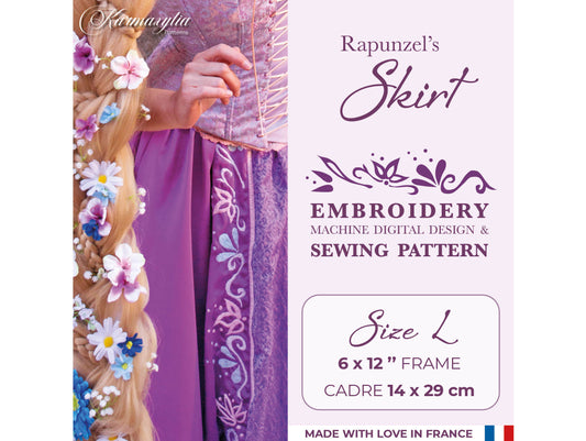 6x12'' frame Rapunzel Skirt Embroidery machine design and pattern - 14x29cm Motif de broderie et patron de la jupe de Raiponce