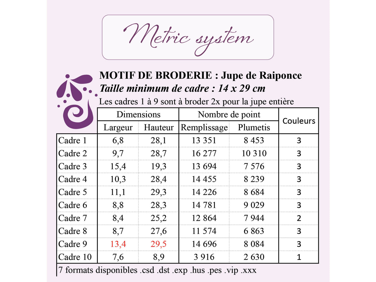 6x12'' frame Rapunzel Skirt Embroidery machine design and pattern - 14x29cm Motif de broderie et patron de la jupe de Raiponce