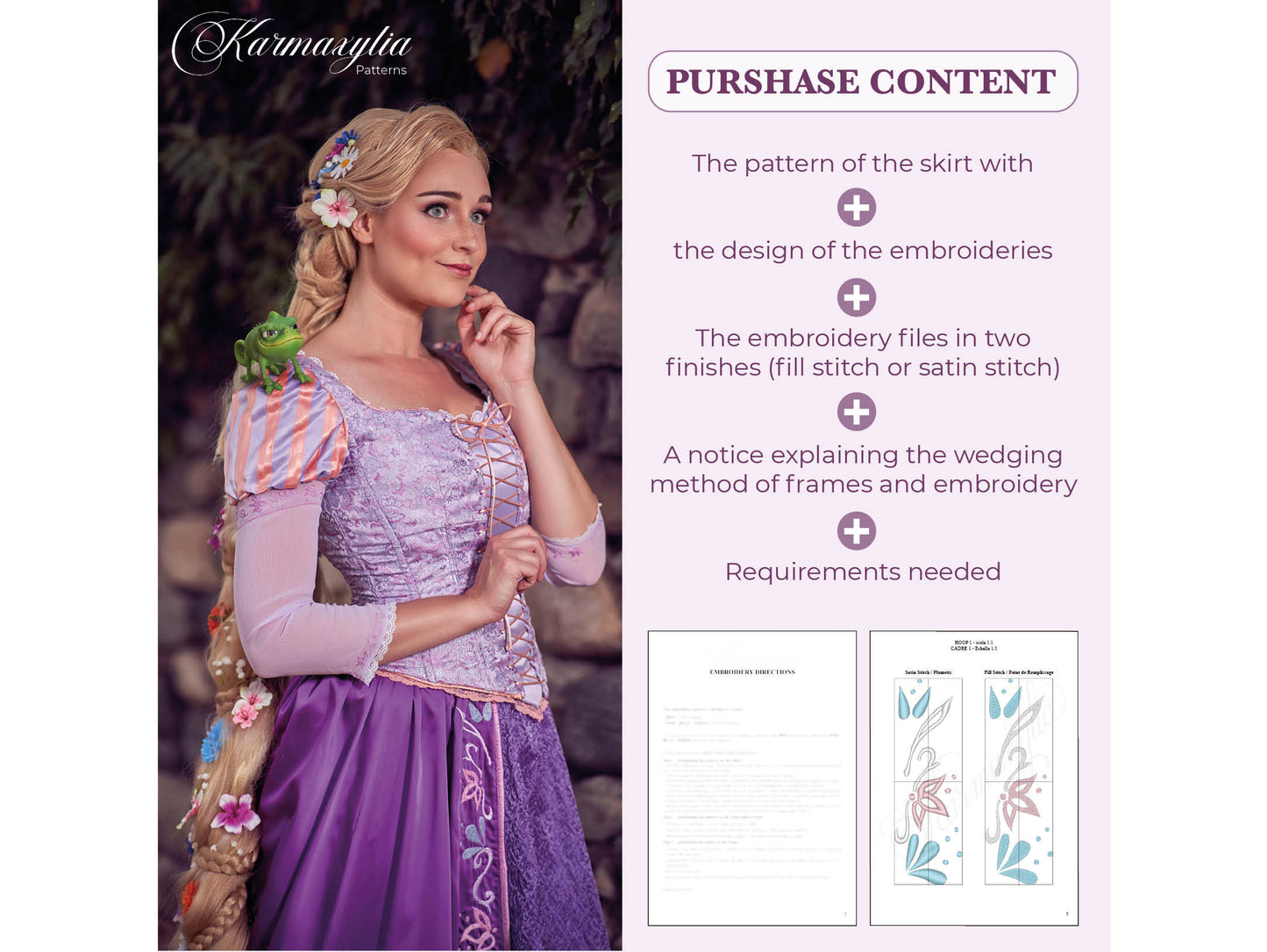 4x4'' frame Rapunzel Skirt Embroidery machine design and pattern - 10x10cm Motif de broderie et patron de la jupe de Raiponce