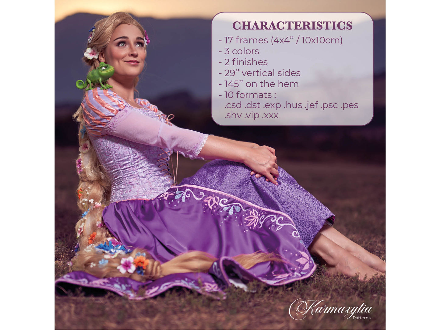 4x4'' frame Rapunzel Skirt Embroidery machine design and pattern - 10x10cm Motif de broderie et patron de la jupe de Raiponce