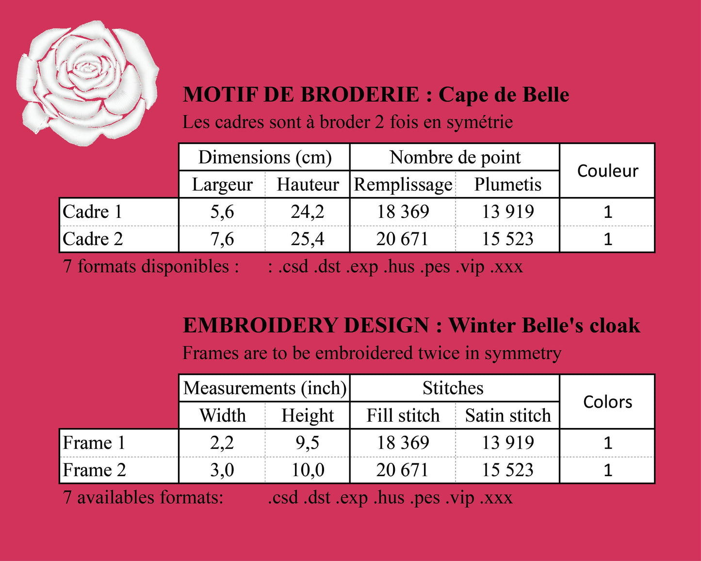 Winter Belle's cloak machine embroidery design - Motif de broderie de la cape de Belle Hiver