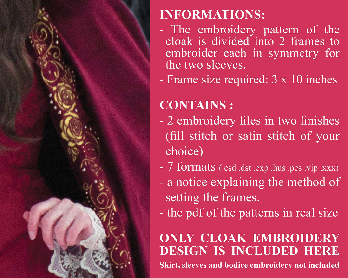 Winter Belle's cloak machine embroidery design - Motif de broderie de la cape de Belle Hiver