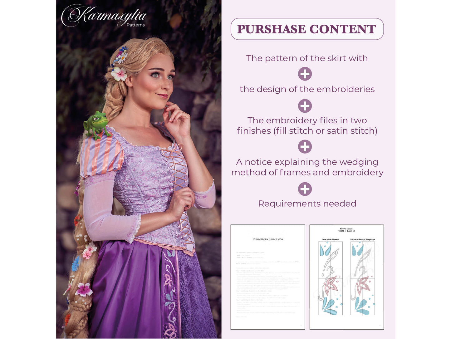 5x10'' frame Rapunzel Skirt Embroidery machine design and pattern - 11x26cm Motif de broderie et patron de la jupe de Raiponce