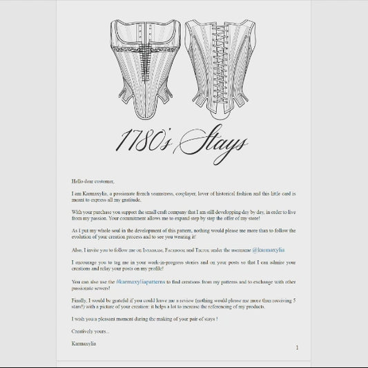 1780 Stays Pattern - Standard sizes - Ref Comtesse - 18th century historical corset pattern